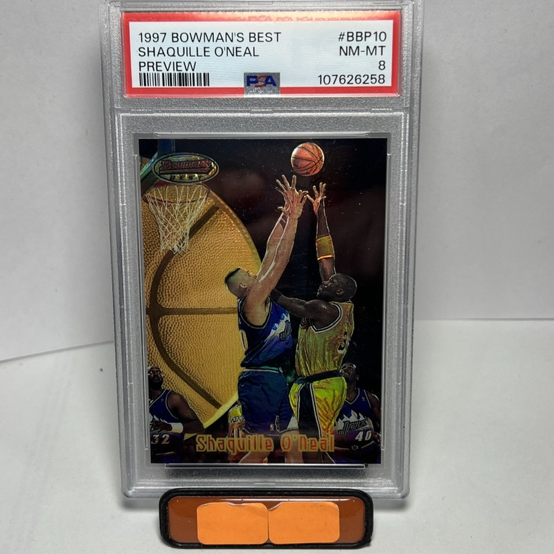 1997-98 Stadium Club Bowman's Best Previews Refractor Shaquille O'Neal PSA 8