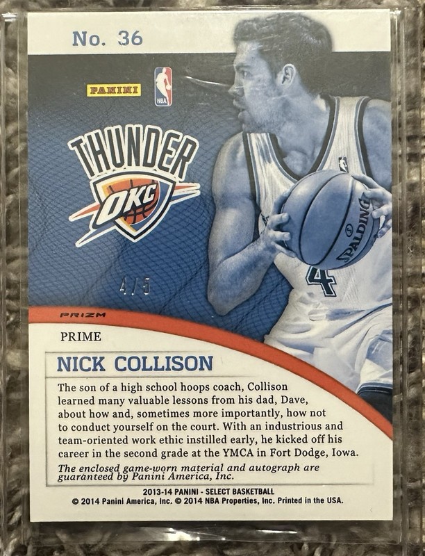 2013-14 Select Basketball Nick Collison Game Used Patch Auto #4/5 Jersey Number  view 2
