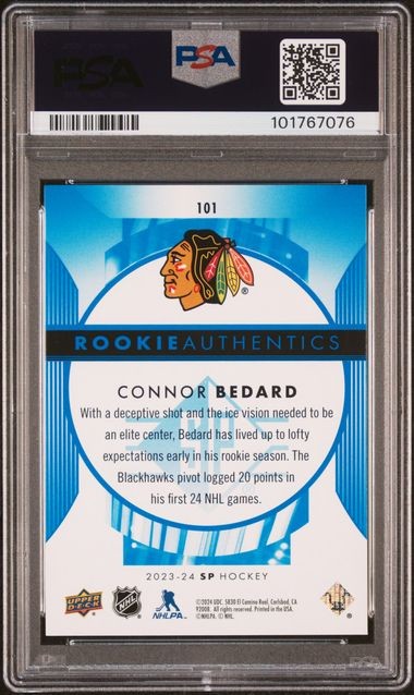 2023-24 Sp - Rookie Authentics Connor Bedard #101 Blue (RC) PSA 10 view 2
