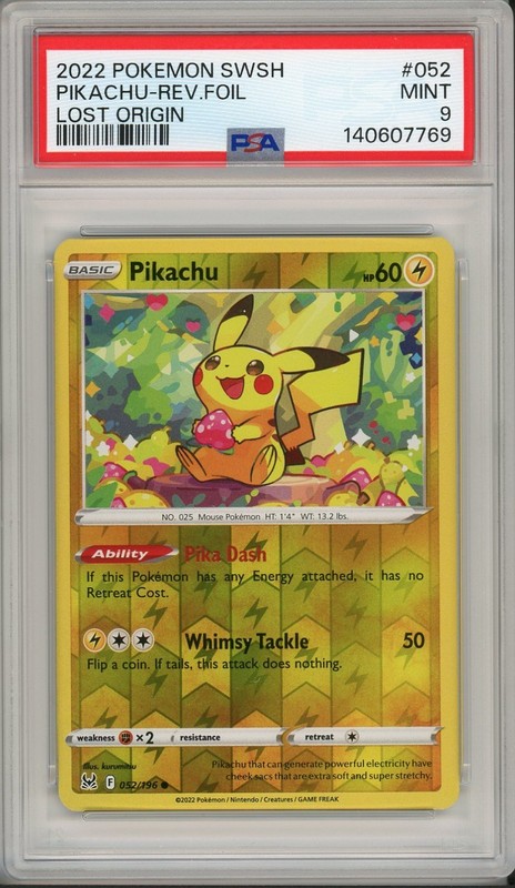 2022 Pokemon SWSH Lost Origin Pikachu Reverse Foil #052 PSA 9