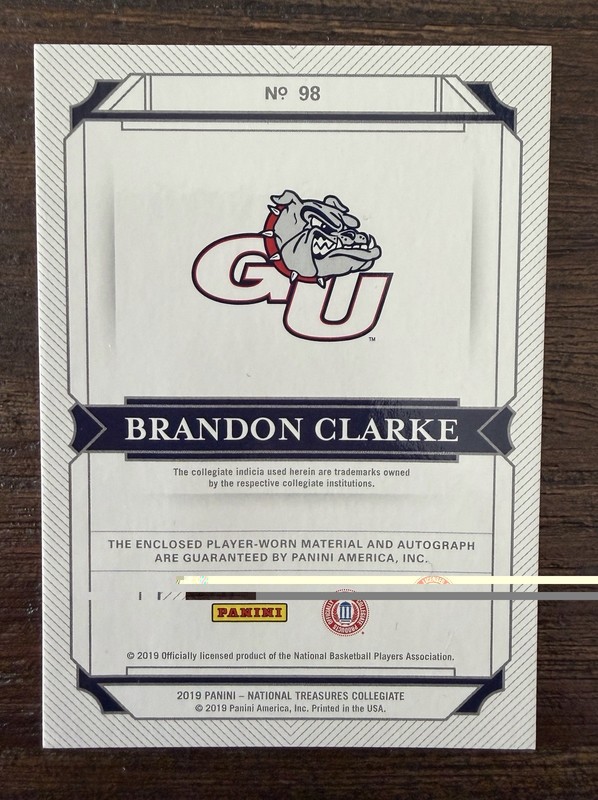Brandon Clarke 2019 National Treasures Gonzaga RC Rookie Patch Auto RPA # /25 view 2