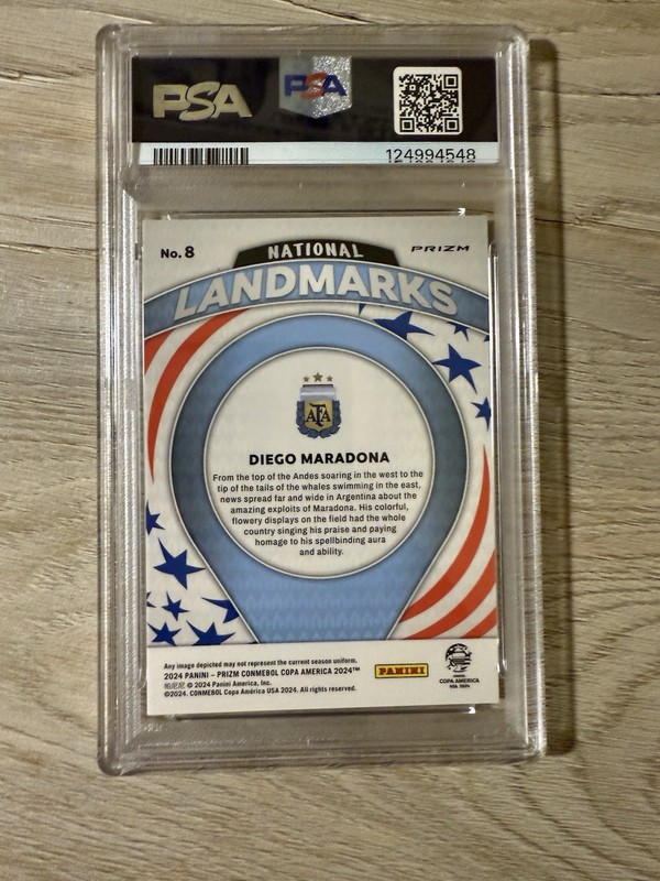 2024 Panini Prizm CONMEBOL Copa America National Landmarks Diego Maradona PSA 9 view 2