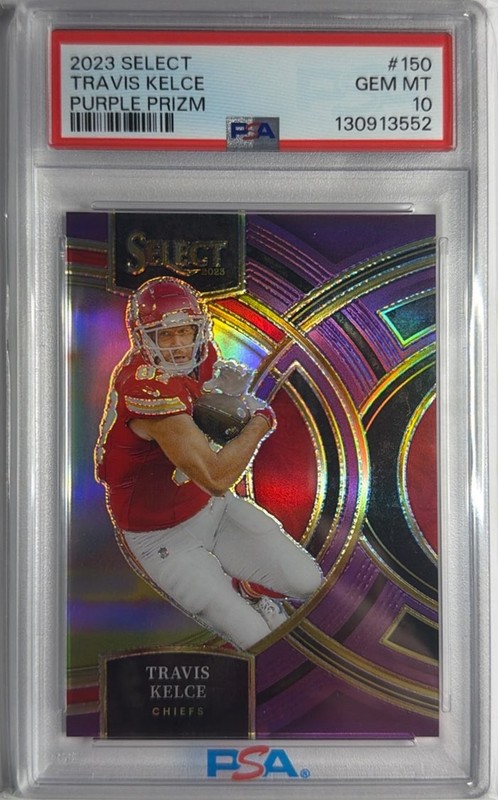 2023 PANINI SELECT #150 TRAVIS KELCE PURPLE PRIZM /75 PSA10 view 1