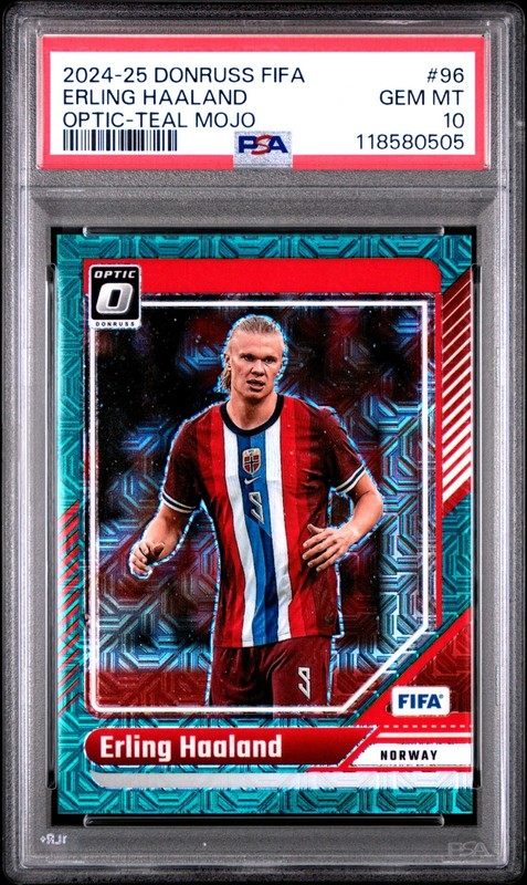 2024-25 Donruss FIFA Erling Haaland #96 Optic Teal Mojo /49 Norway PSA 10 Gem