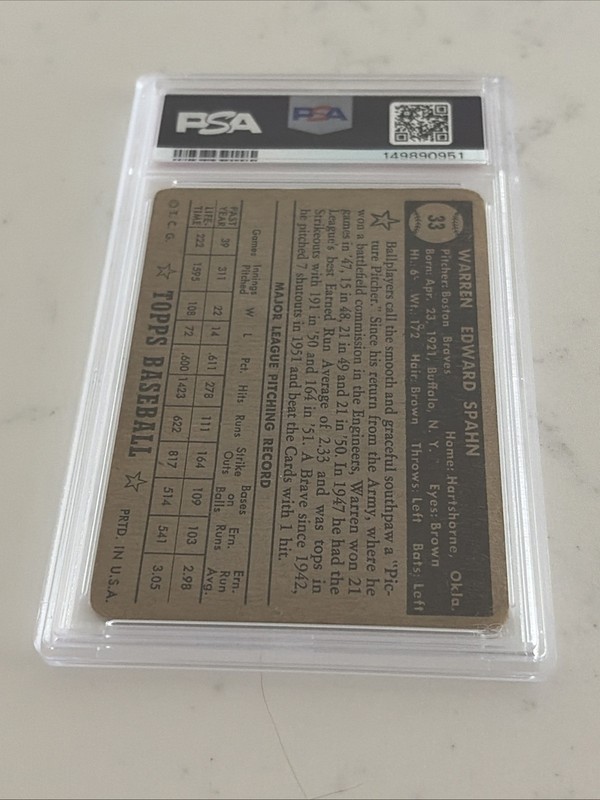 1952 TOPPS BLACK BACK #33 WARREN SPAHN PSA 1.5 FR BRAND NEW SLAB!!! view 2