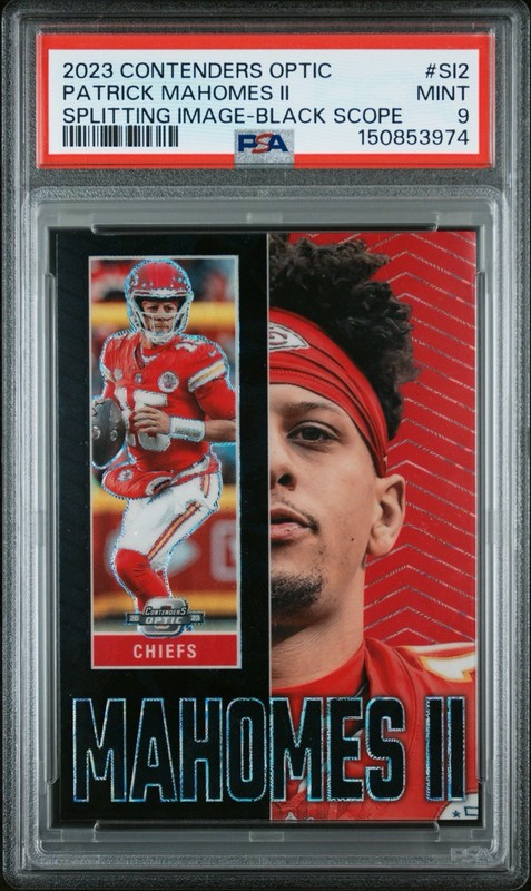 2023 Contenders Optic Black Scope /25 Splitting Image Patrick Mahomes II PSA 9
