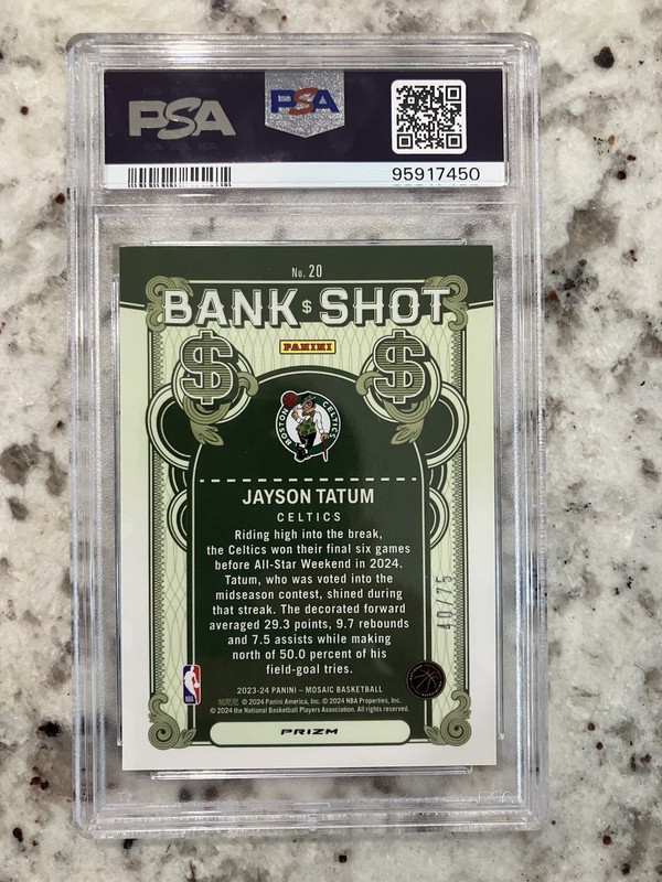 2023-24 Panini Mosaic Jayson Tatum Bank Shot Teal Mosaic 40/75 PSA 10 Pop 4 view 2
