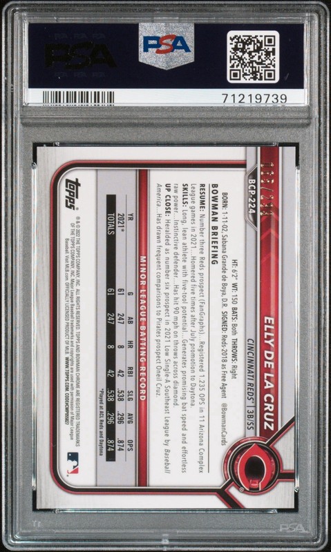 2022 Bowman Chrome Speckle Refractor Elly De La Cruz Reds RC Rookie /299 PSA 10 view 2