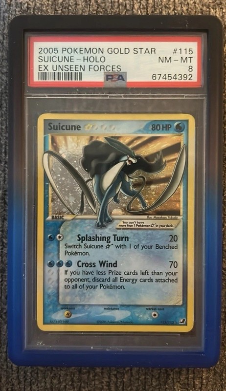 🌀FAT SWIRL🌀Pokémon 2005 Suicune Gold Star EX Unseen Forces #115 PSA 8