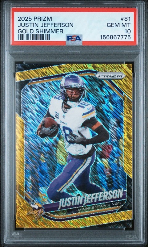 2025 Prizm Justin Jefferson #81 PSA 10 Gold Shimmer #d/10 POP 1 SSP LAST YEAR