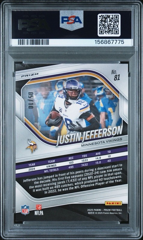 2025 Prizm Justin Jefferson #81 PSA 10 Gold Shimmer #d/10 POP 1 SSP LAST YEAR view 2