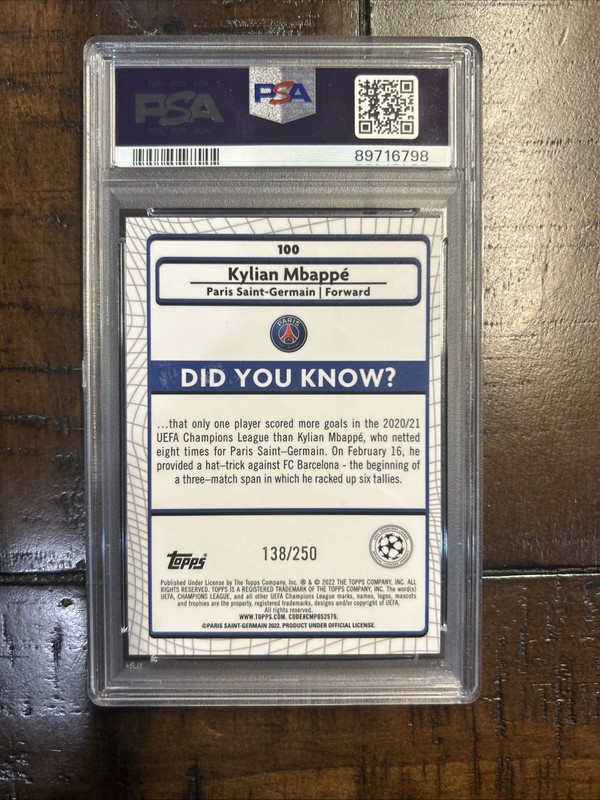⚽ 2021 Topps Merlin Chrome UEFA Kylian Mbappé #100 Atomic Refractor /250 PSA 9 view 2