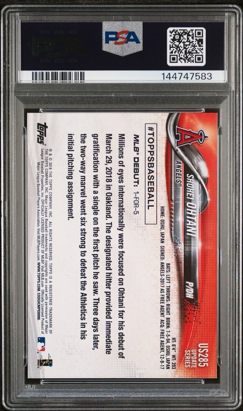 2018 Topps Shohei Ohtani Rookie #US285 PSA 10 view 2