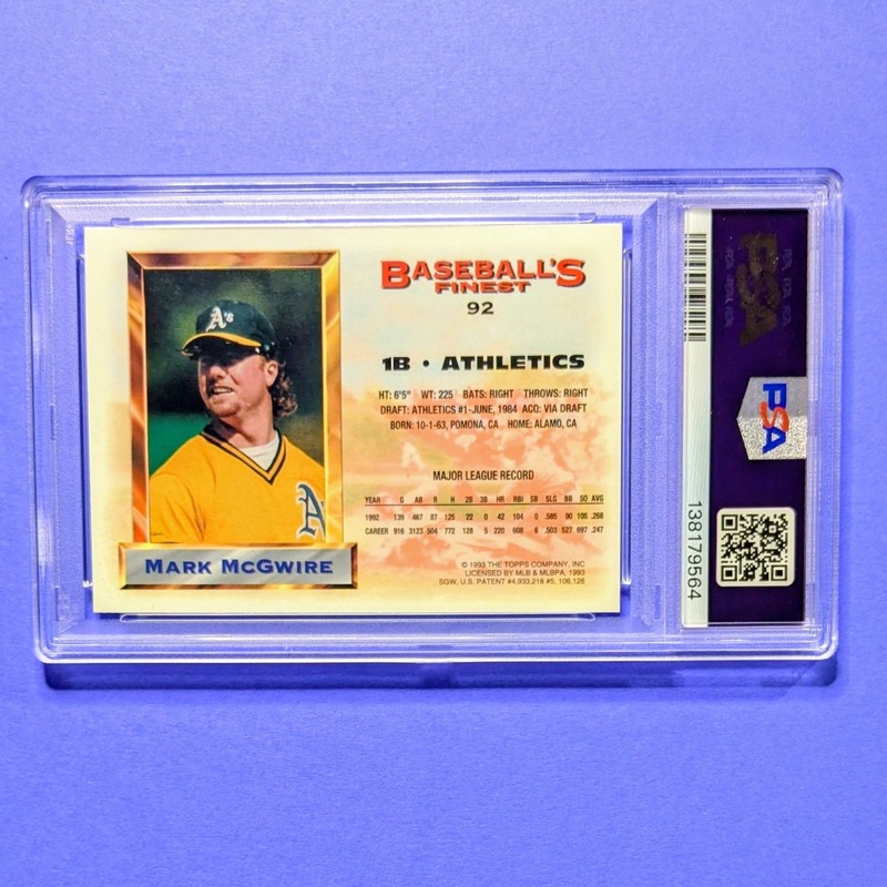 1993 Topps Finest Mark McGwire PSA 10 GEM MINT GREEN JERSEY COLOR MATCH A'S # 92 view 2