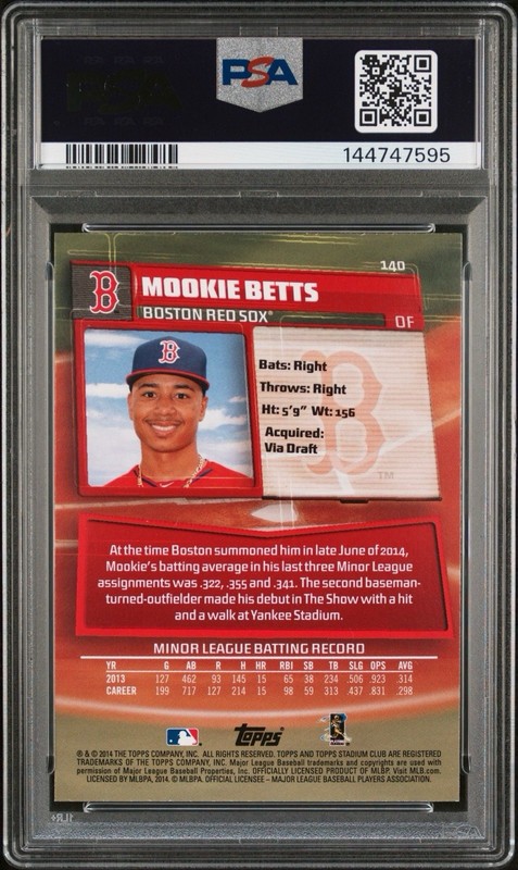 2014 Stadium Club Mookie Betts Rookie #140 PSA 10 view 2