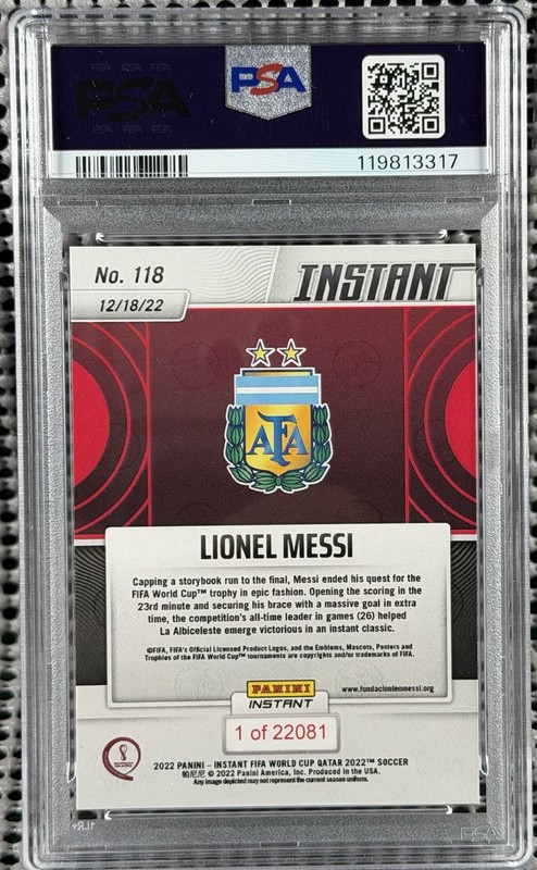 2022 Panini Instant World Cup Lionel Messi #118 #/22081 PSA 9 Argentina view 2