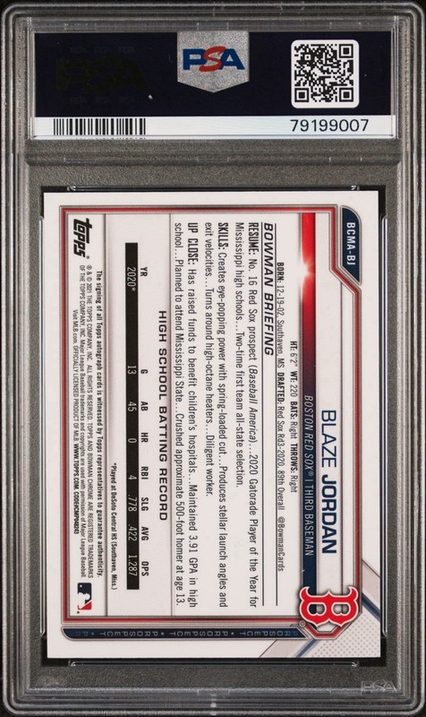 2021 Bowman Chrome Mega Box Blaze Jordan RC Green Refractor Auto /99 PSA 8 NM-MT view 2