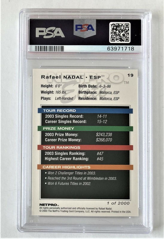 2003 NETPRO ELITE 2000 RAFAEL NADAL #19 RC PSA 10 VERY RARE view 2
