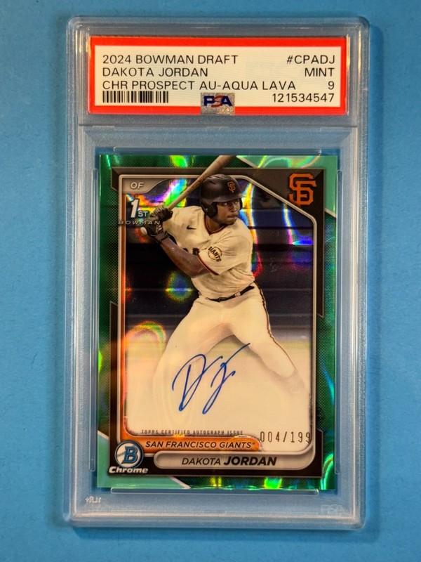 Dakota Jordan 2024 1st Bowman Draft Chrome Aqua Lava Refractor Auto /199  PSA 9