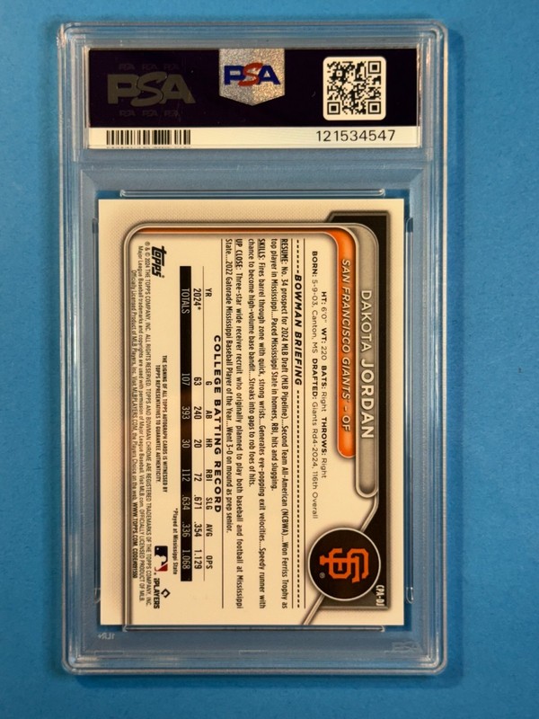 Dakota Jordan 2024 1st Bowman Draft Chrome Aqua Lava Refractor Auto /199  PSA 9 view 2