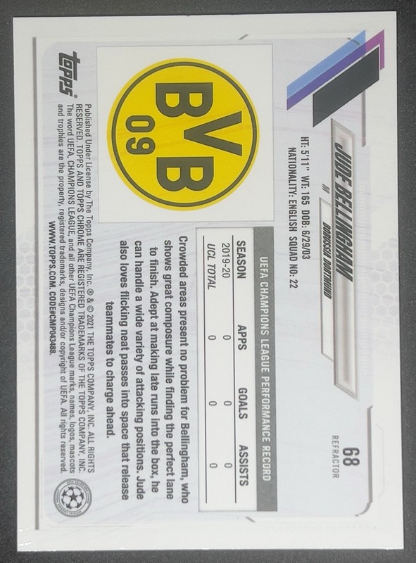 2021 Topps Chrome Champions League JUDE BELLINGHAM Refractor RC view 2