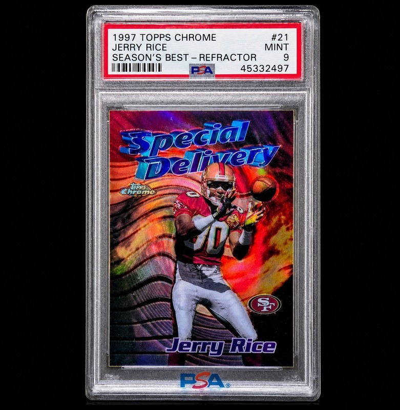 1997 TOPPS CHROME REFRACTOR JERRY RICE PSA 9 SEASON'S BEST #21 49ers LOW POP