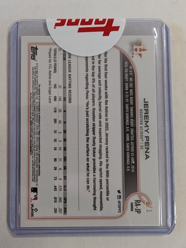 2022 TOPPS CHROME UPDATE SAPPHIRE JEREMY PENA RC SUPERFRACTOR AUTO 1/1 view 2