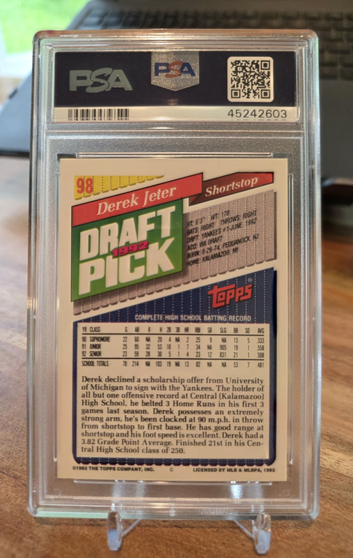 1993 TOPPS #98 DEREK JETER RC YANKEES HOF PSA 9 view 2