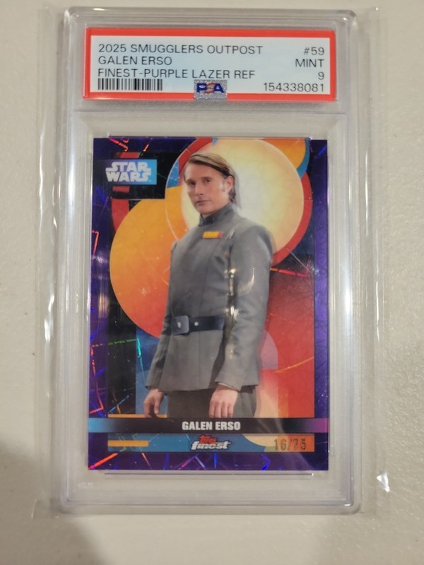2025 Topps Star Wars Smugglers Outpost #F-59 Galen Erso Purple Laser 16/75 PSA 9