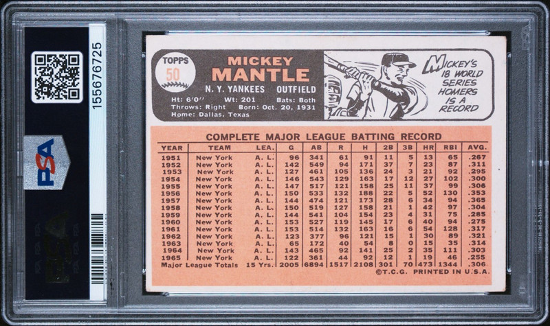 1966 Topps Mickey Mantle Base #50 PSA 4 view 2