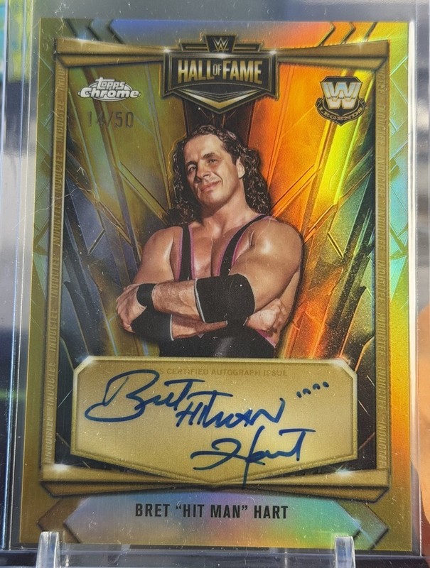 2026 WWE Topps Chrome Bret Hit Man Hart HOF-BH Hall of Fame Auto Gold /50