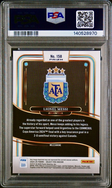 Lionel Messi 2024-25 Select FIFA Blue Lazer SP Mezzanine PSA 10 Gem #158 view 2