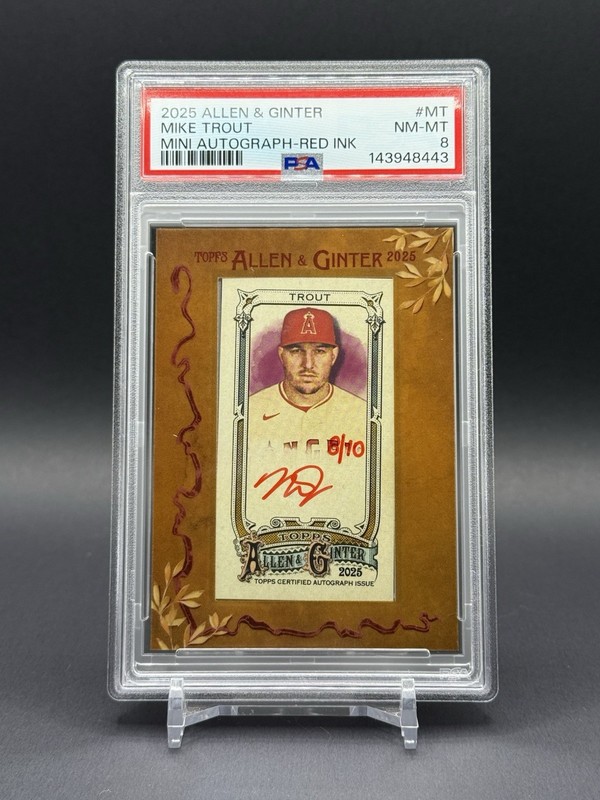 Mike Trout 2025 Topps Allen & Ginter Mini Frame Red Ink Auto /10 PSA 8 Angels