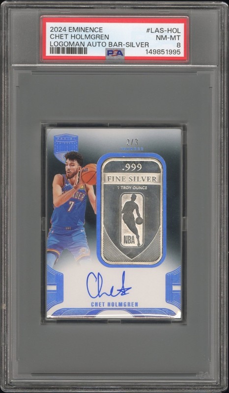 2024-25 Panini Eminence Logoman Silver Bar Chet Holmgren Auto /3 Thunder PSA 8