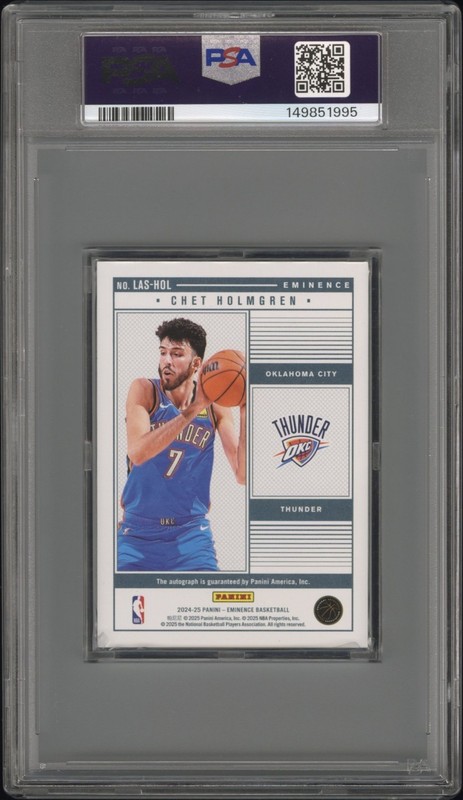 2024-25 Panini Eminence Logoman Silver Bar Chet Holmgren Auto /3 Thunder PSA 8 view 2