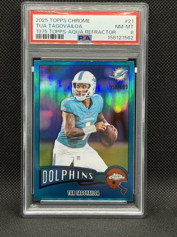 2025 Topps Chrome 1975 Topps Aqua Refractor /199 Tua Tagovailoa PSA 8