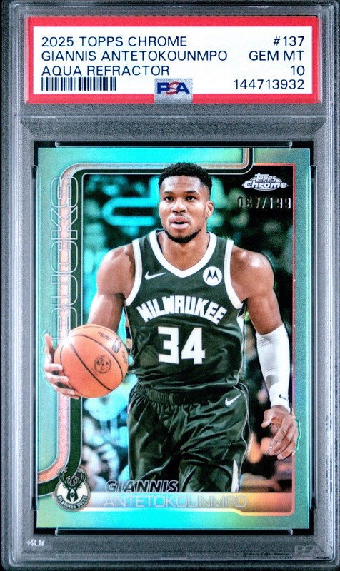 2025-26 Topps Chrome Giannis Antetokounmpo Aqua Refractor # /199. PSA 10. Pop 1
