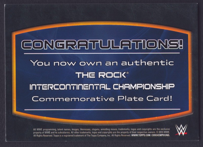 The Rock Dwayne Johnson 2015 Topps WWE Intercontinental Championship Plate Relic view 2