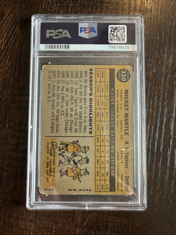 Nicely Centered - 1960 topps mickey mantle 350 PSA 1.5 view 2