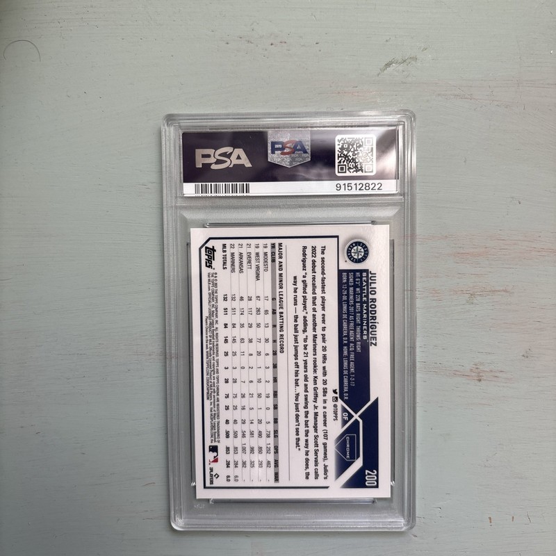 2023 Topps Chrome Logofractor Julio Rodriguez #200 Purple Refractor /250 PSA 10 view 2