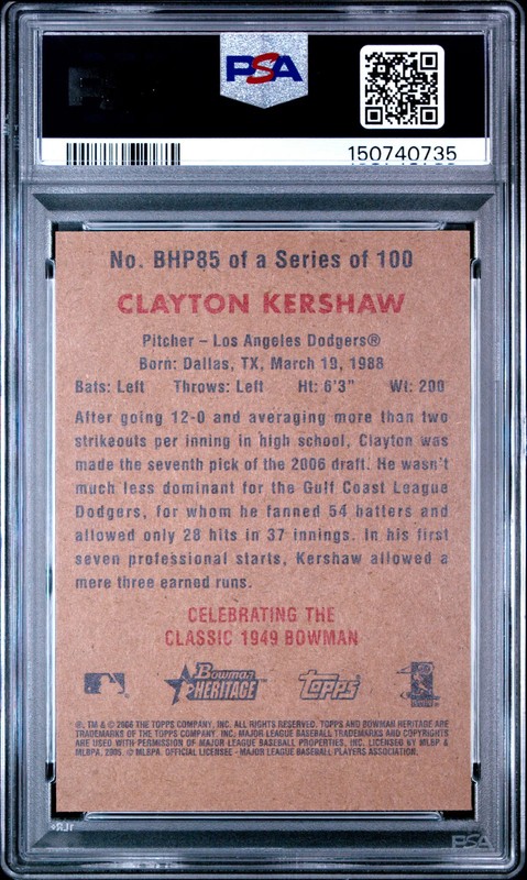 2006 Bowman Heritage Prospects #BHP85 Clayton Kershaw Rookie RC PSA 10 view 2