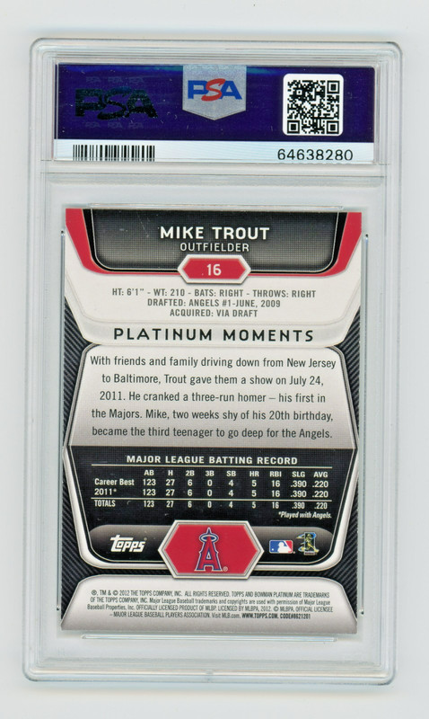 2012 Mike Trout Bowman Platinum #16 Mint PSA 9 view 2