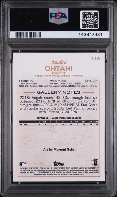 2018 TOPPS GALLERY #116 SHOHEI OHTANI ROOKIE RC PSA 10 view 2