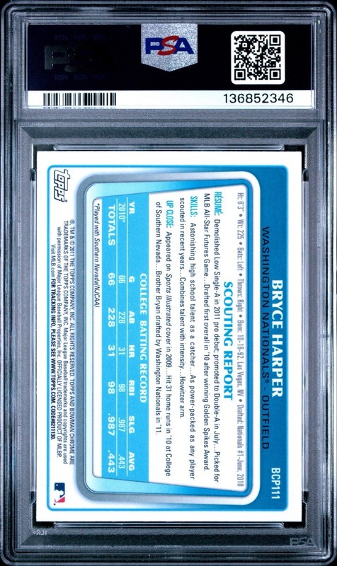 2011 BOWMAN CHROME PROSPECTS #BCP111 BRYCE HARPER RC PSA 10 view 2