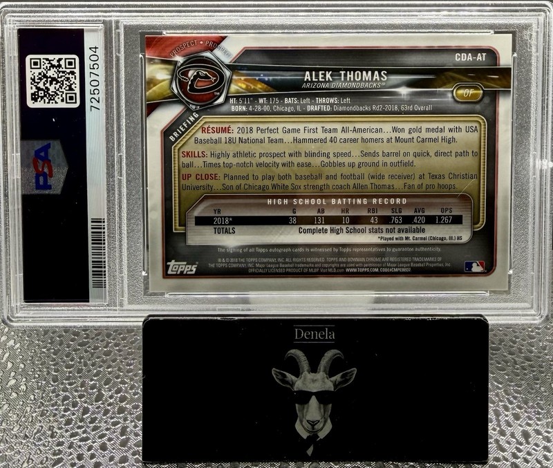 Alek Thomas 2018 Bowman 1st Draft Chrome Draft Pick Auto #CDA-AT PSA 10 Arizona view 2
