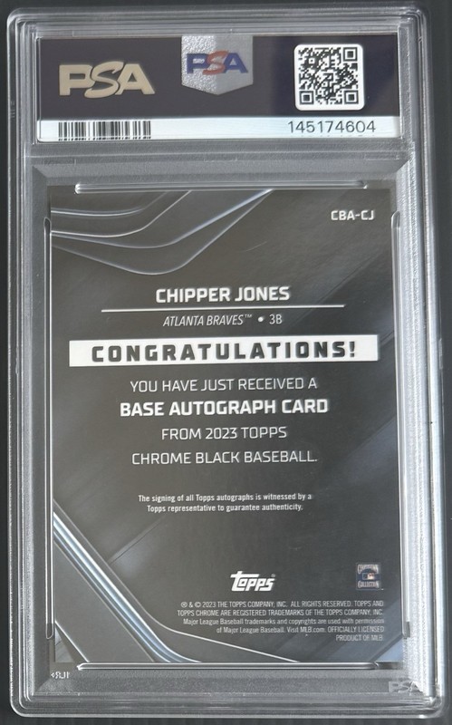 Chipper Jones Auto /50 2023 Topps Chrome Black Gold Refractor Autograph PSA 8 view 2