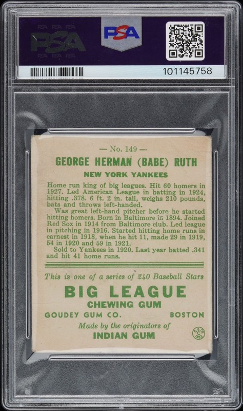 1933 Babe Ruth Goudey #149 PSA Authentic Big League Chewing Gum Baseball Card view 2