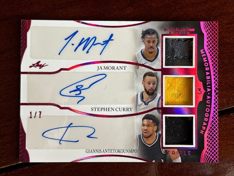 2024 Leaf In The Game Used Morant Curry Antetokounmpo Triple Patch Auto #/7