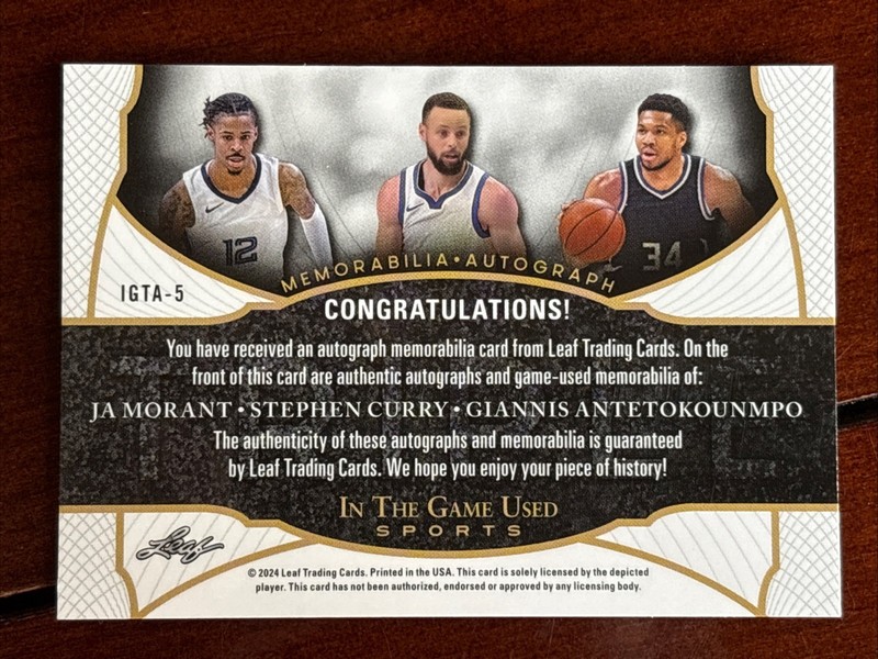 2024 Leaf In The Game Used Morant Curry Antetokounmpo Triple Patch Auto #/7 view 2