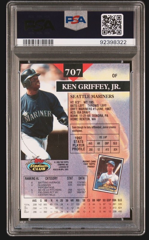 1993 STADIUM CLUB KEN GRIFFEY JR PSA 10 POP 81 BASE MARINERS  view 2